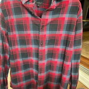Banana Republic Red, Black and Gray Plaid, Luxe Flannel Button-Down Shirt